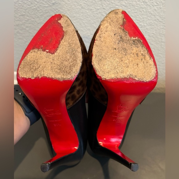 Christian Louboutin Black Maggie 140mm Leopard Pony Hair Heels Pumps 37.5 Gold - Picture 5 of 10